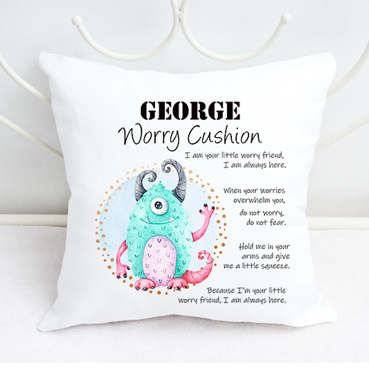 Boys Personalised Cartoon Blue Alien Worry Cushion