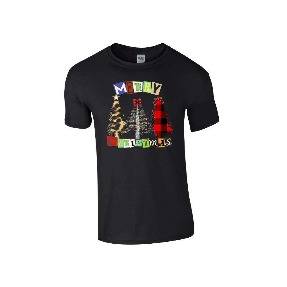 3 Trees Square Letters Merry Christmas - Christmas Tshirt