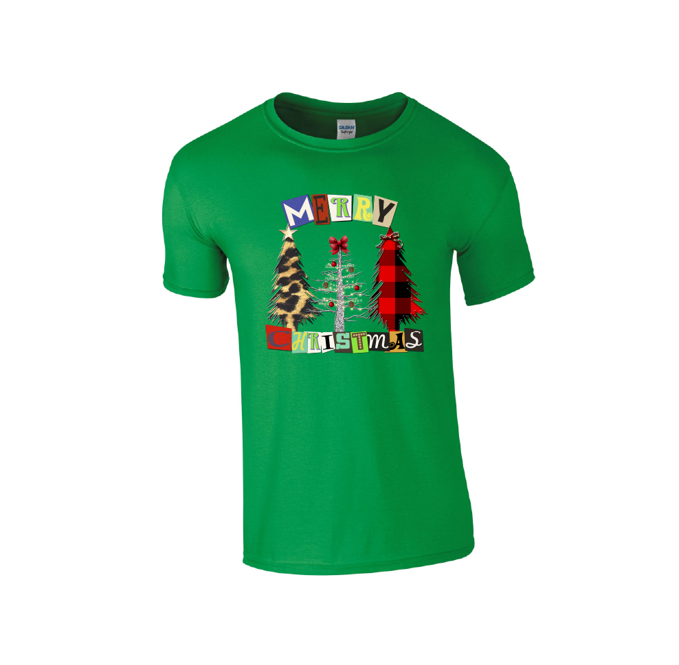 3 Trees Square Letters Merry Christmas - Christmas Tshirt