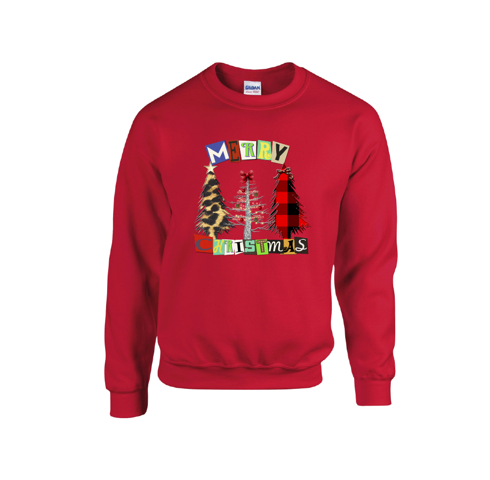 3 Trees Square Letters Merry Christmas - Christmas Jumper