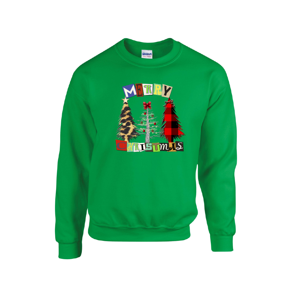 3 Trees Square Letters Merry Christmas - Christmas Jumper