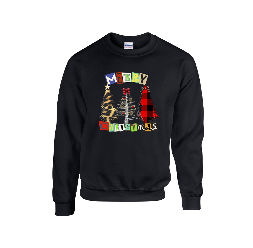 3 Trees Square Letters Merry Christmas - Christmas Jumper