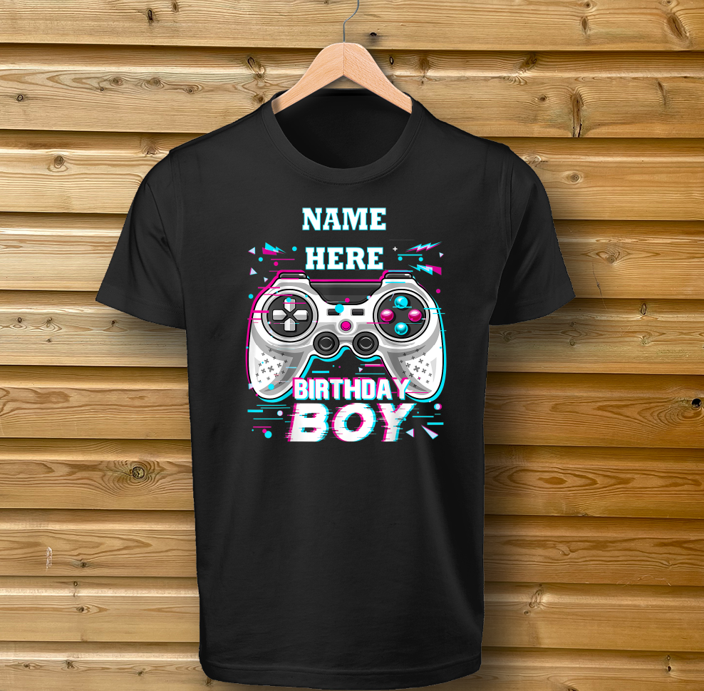 Personalised Birthday Boy pink/blue Gaming Tshirt
