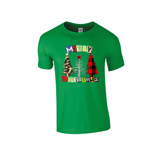 3 Trees Square Letters Merry Christmas - Christmas Tshirt